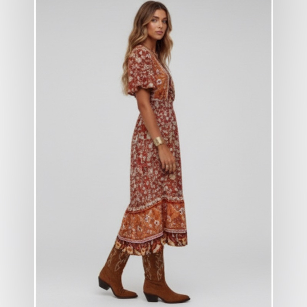 Boho Western Floral Print Butterfly Sleeve Ruffle Hem Dress - Picture 3 of 6